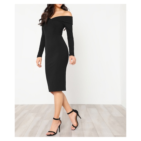 Black Foldover Off Shoulder Bodycon Midi Dress - Picture 2 of 6